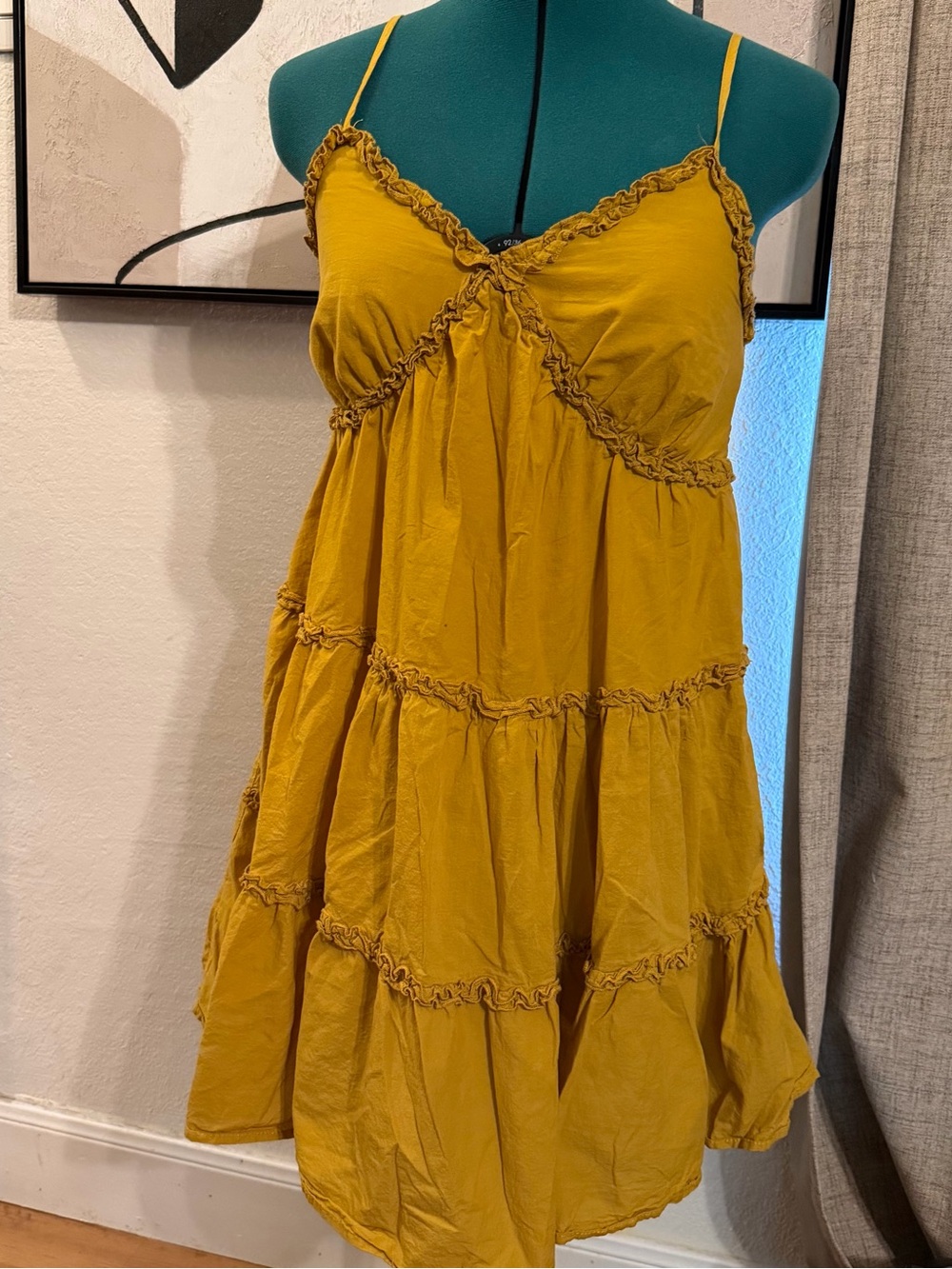 Spaghetti-Strap Tiered Mini Dress in Mustard Yellow